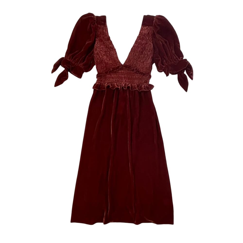 NWT Sea New York Mayde Velvet Puff Sleeve Smocked Midi Dress - Burgundy - Size M - Picture 3 of 8